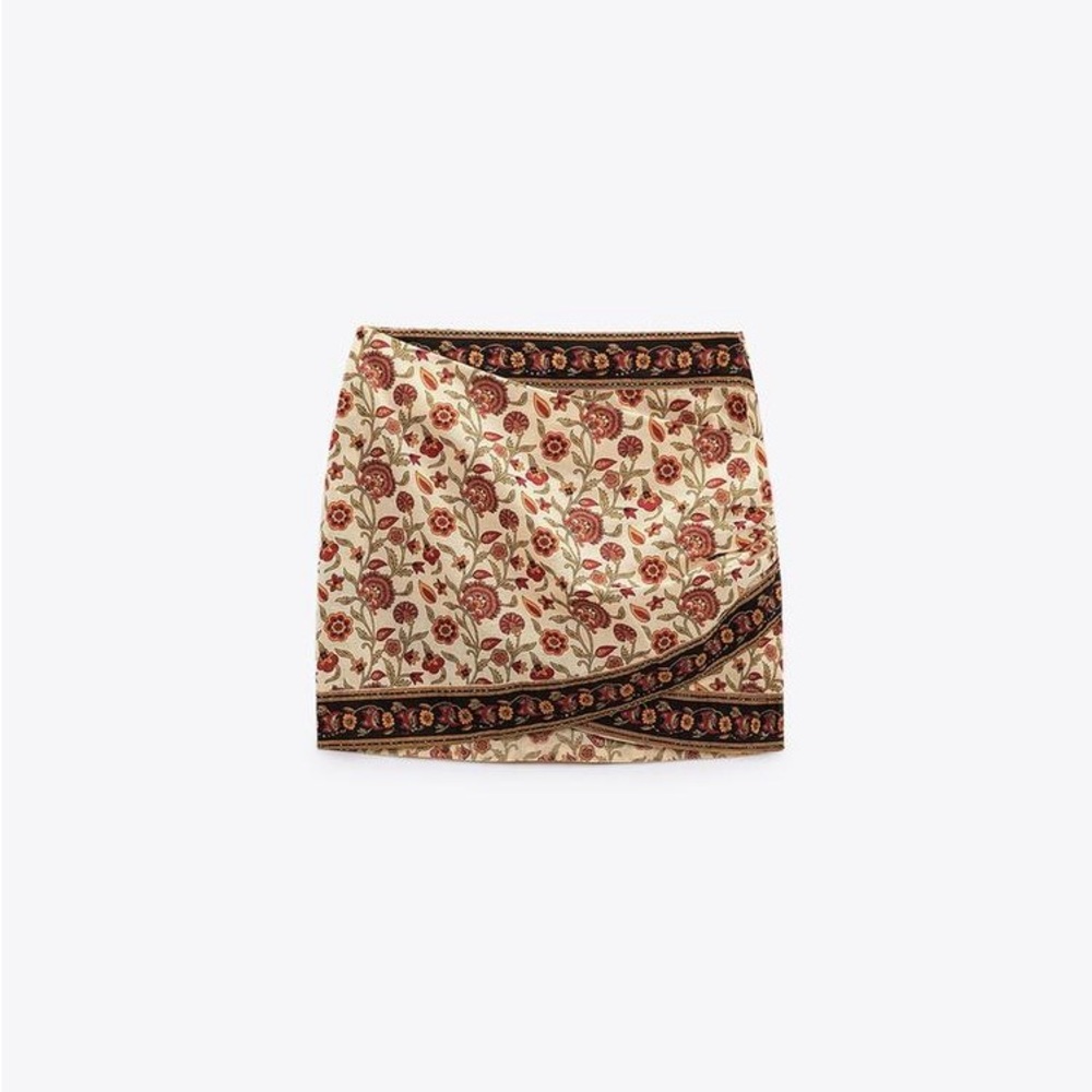 Zara Printed Wrap Floral Cream and Red Mini Skirt